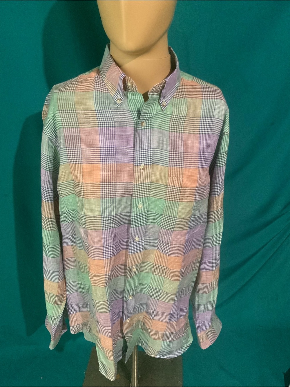Paul Fredrick Men’s 100% Linen Pastel Plaid Button-Down Shirt